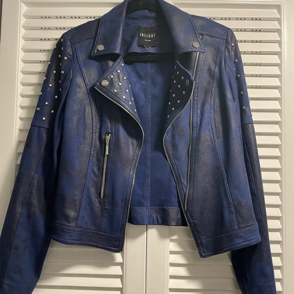 Insight Studded Navy Leather Moto Jacket